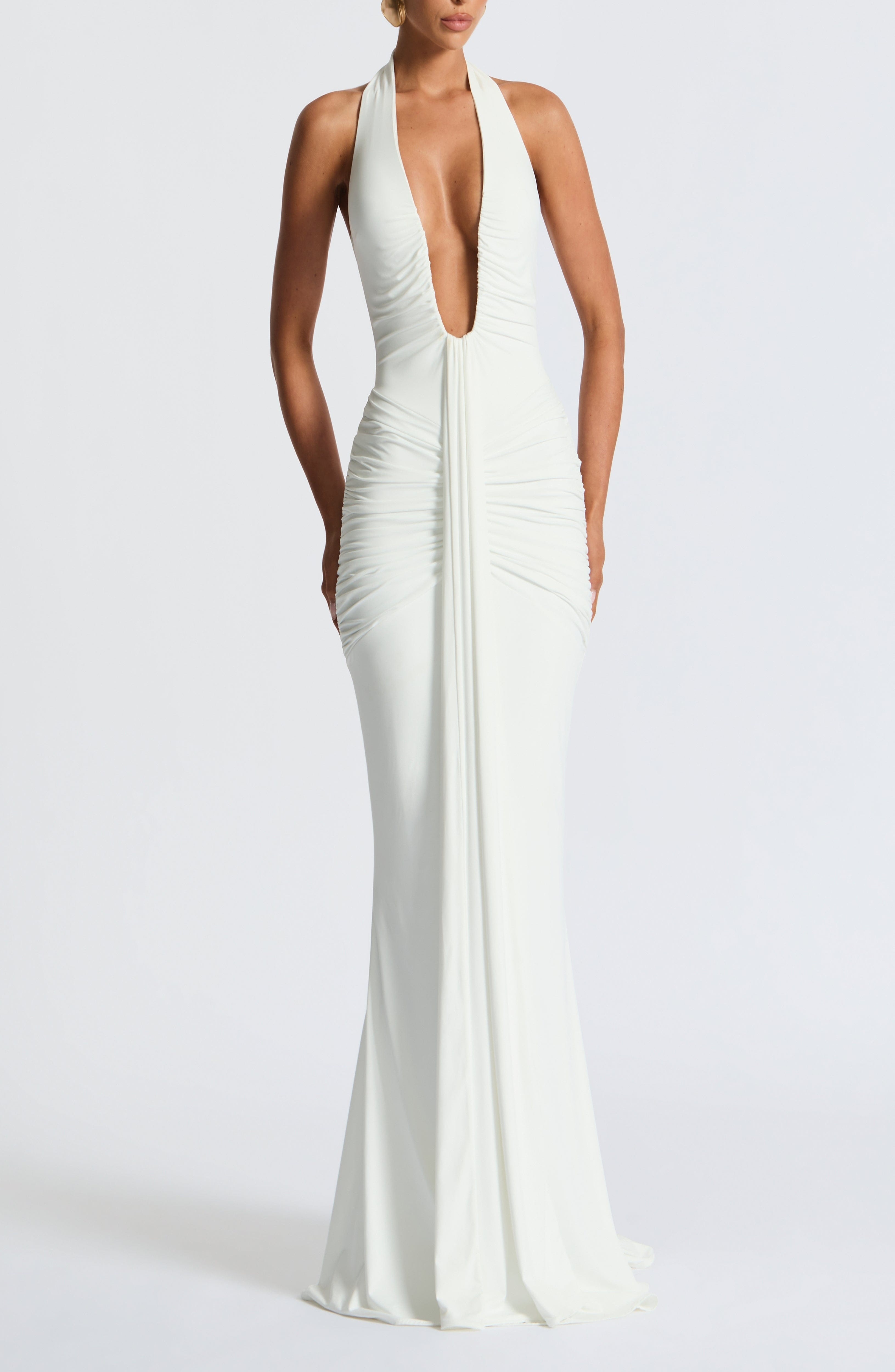 White Halterneck U-Wire Jersey Maxi Dress with Train - Image 7