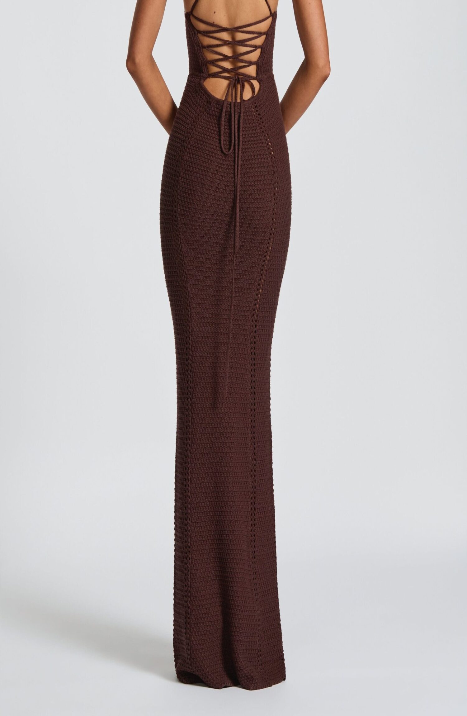 Xanthe Maxi Dress Plum Brown Faux Crochet Knit Lace Up Back Bodycon - Image 2