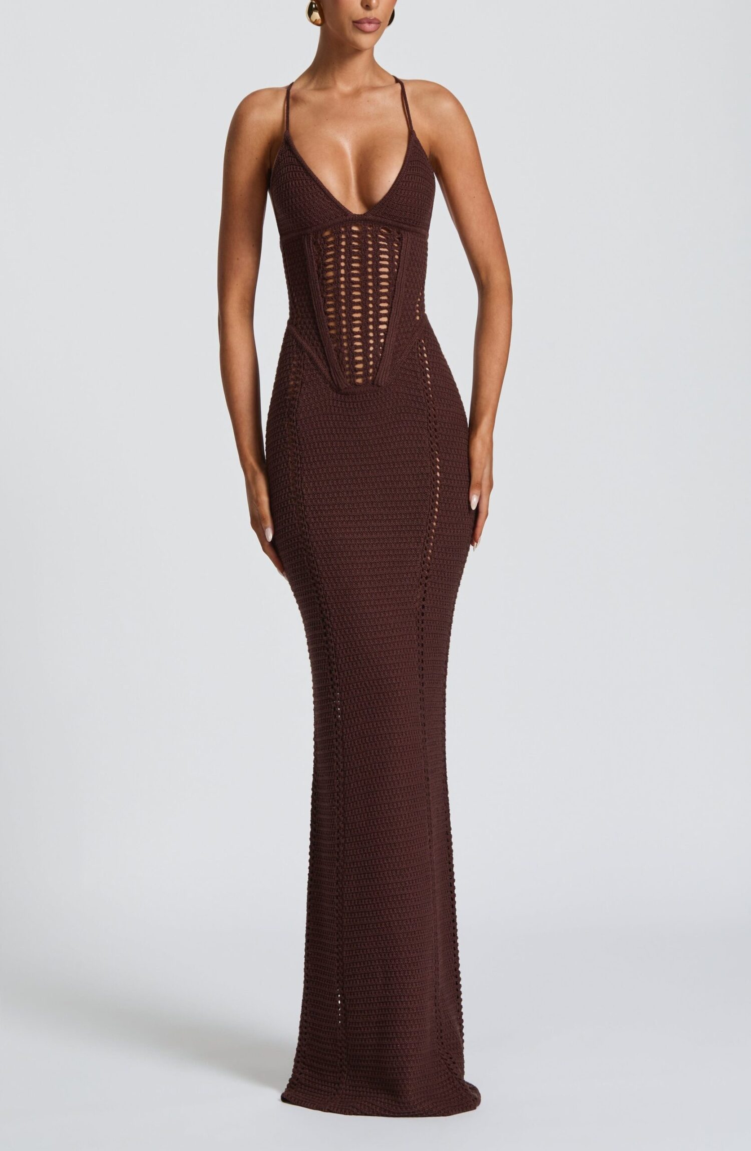 Xanthe Maxi Dress Plum Brown Faux Crochet Knit Lace Up Back Bodycon - Image 4