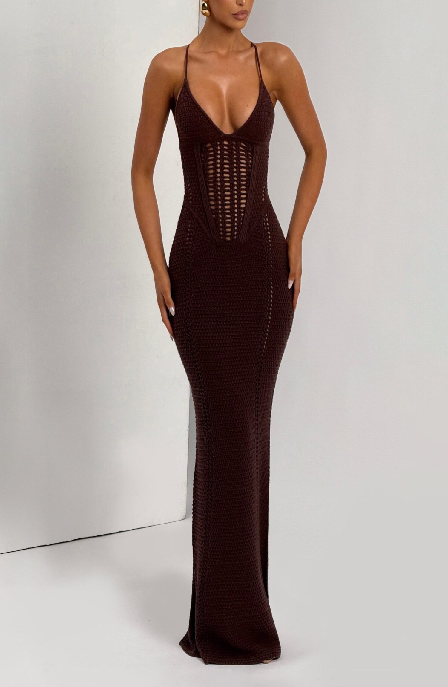 Xanthe Maxi Dress Plum Brown Faux Crochet Knit Lace Up Back Bodycon - Image 6