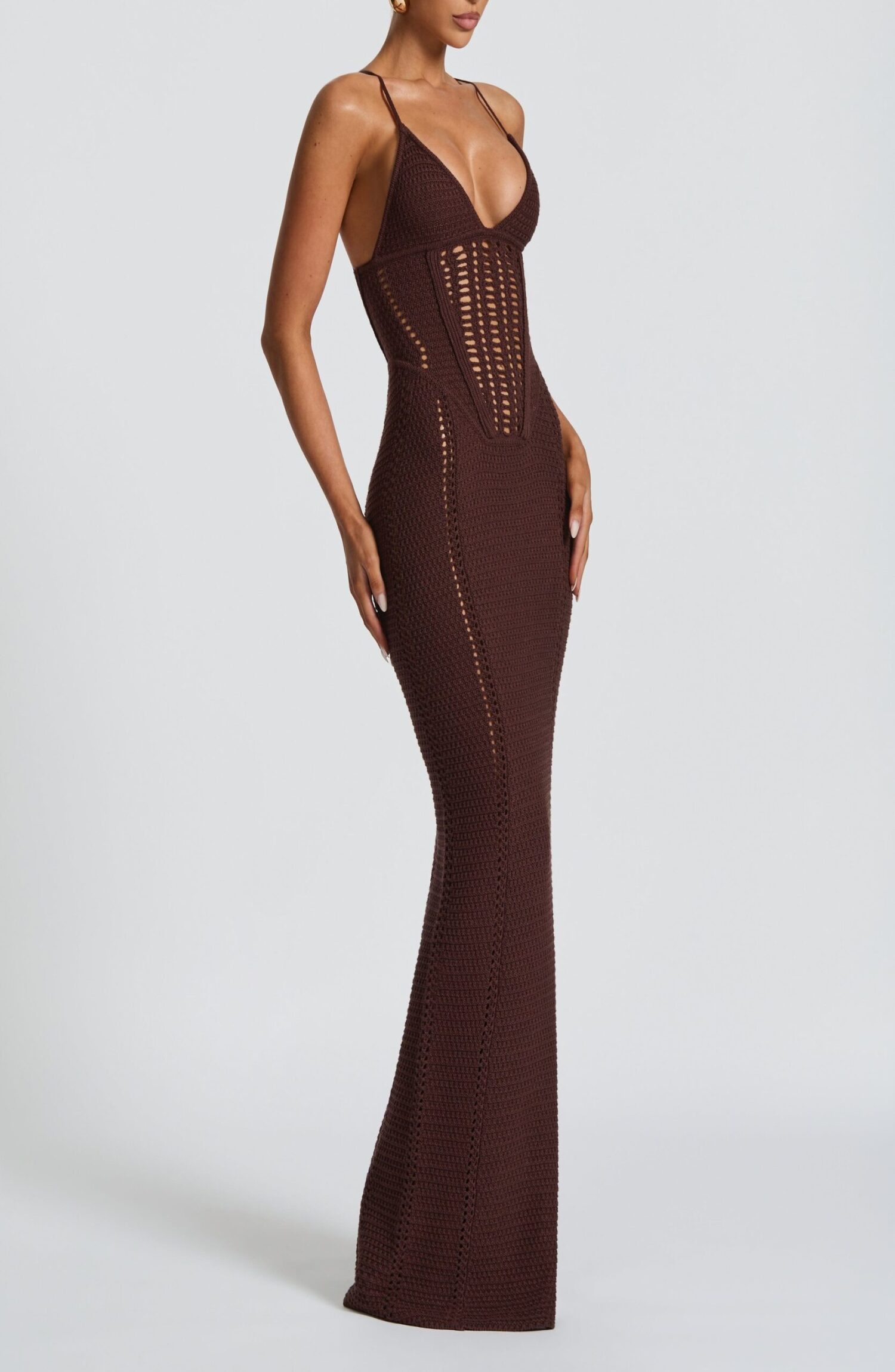 Xanthe Maxi Dress Plum Brown Faux Crochet Knit Lace Up Back Bodycon - Image 3
