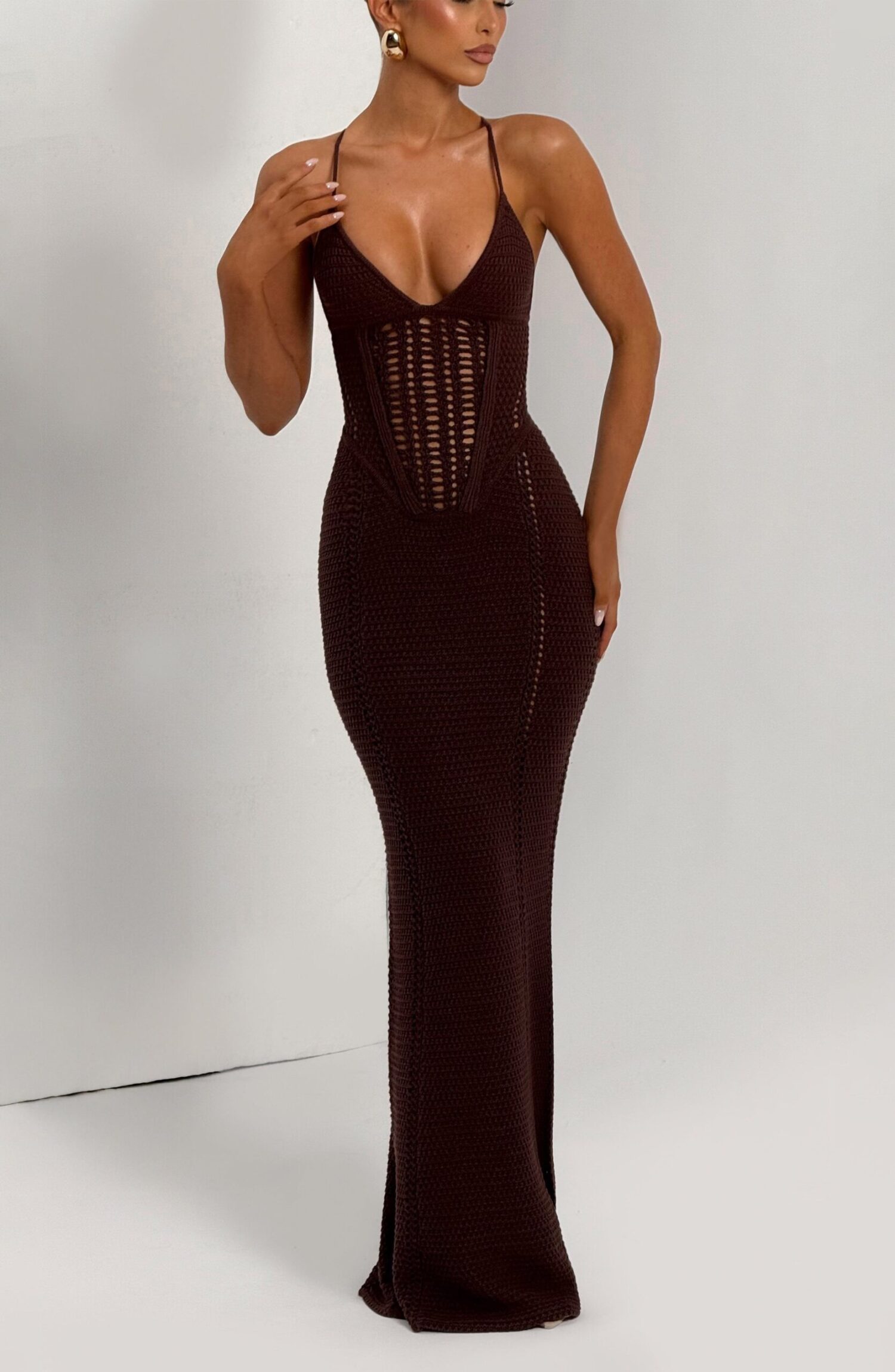 Xanthe Maxi Dress Plum Brown Faux Crochet Knit Lace Up Back Bodycon - Image 7