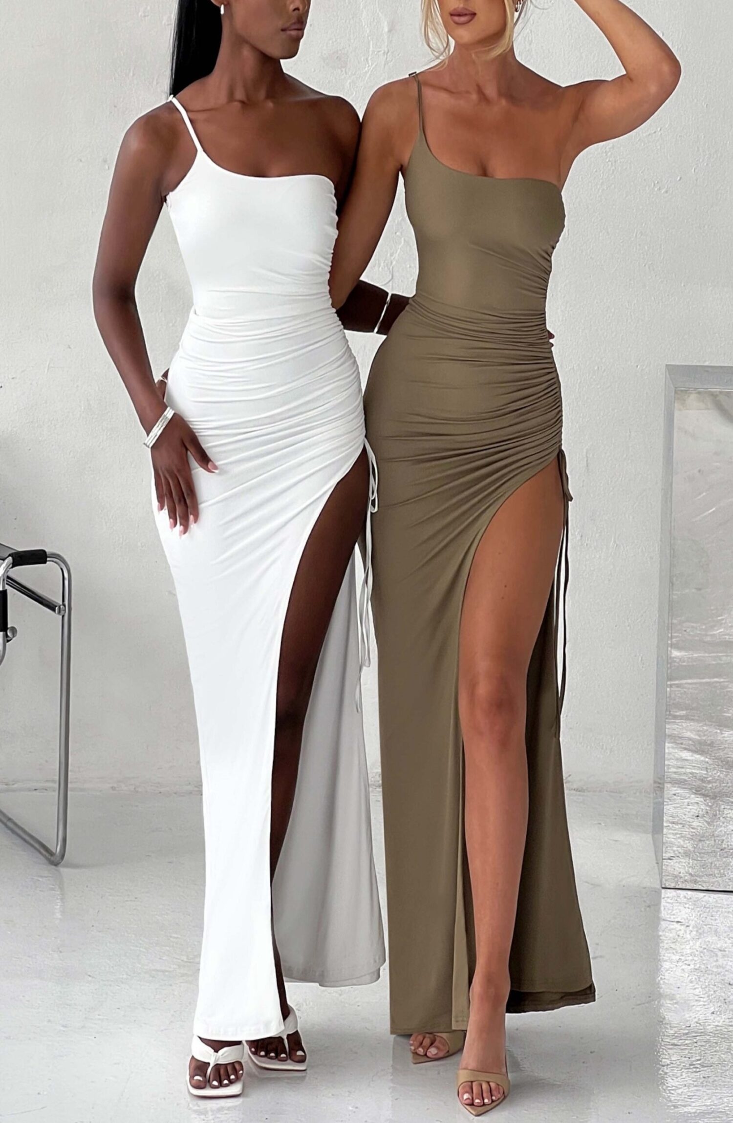 Zuri Khaki Maxi Dress - One Shoulder, Ruched, Thigh Split - Image 13