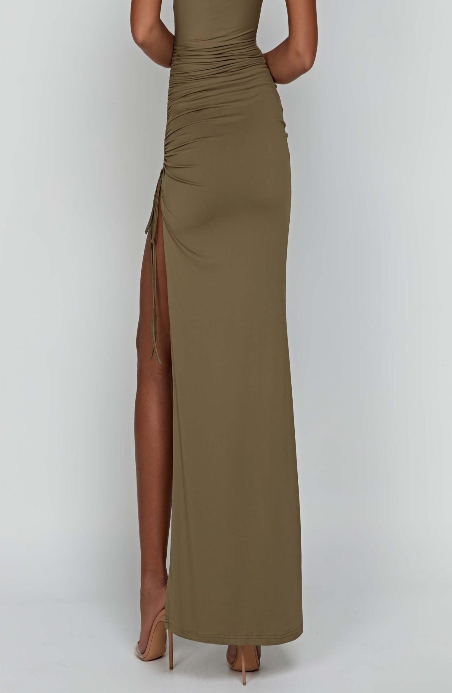Zuri Khaki Maxi Dress - One Shoulder, Ruched, Thigh Split - Image 11