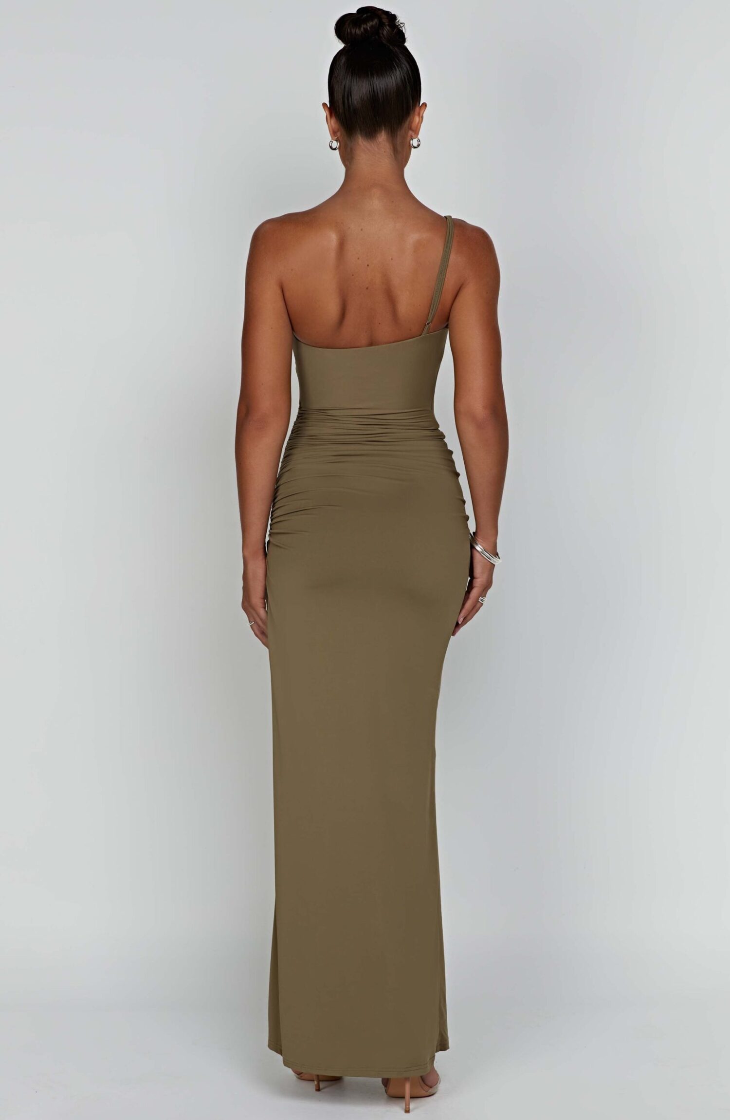 Zuri Khaki Maxi Dress - One Shoulder, Ruched, Thigh Split - Image 3