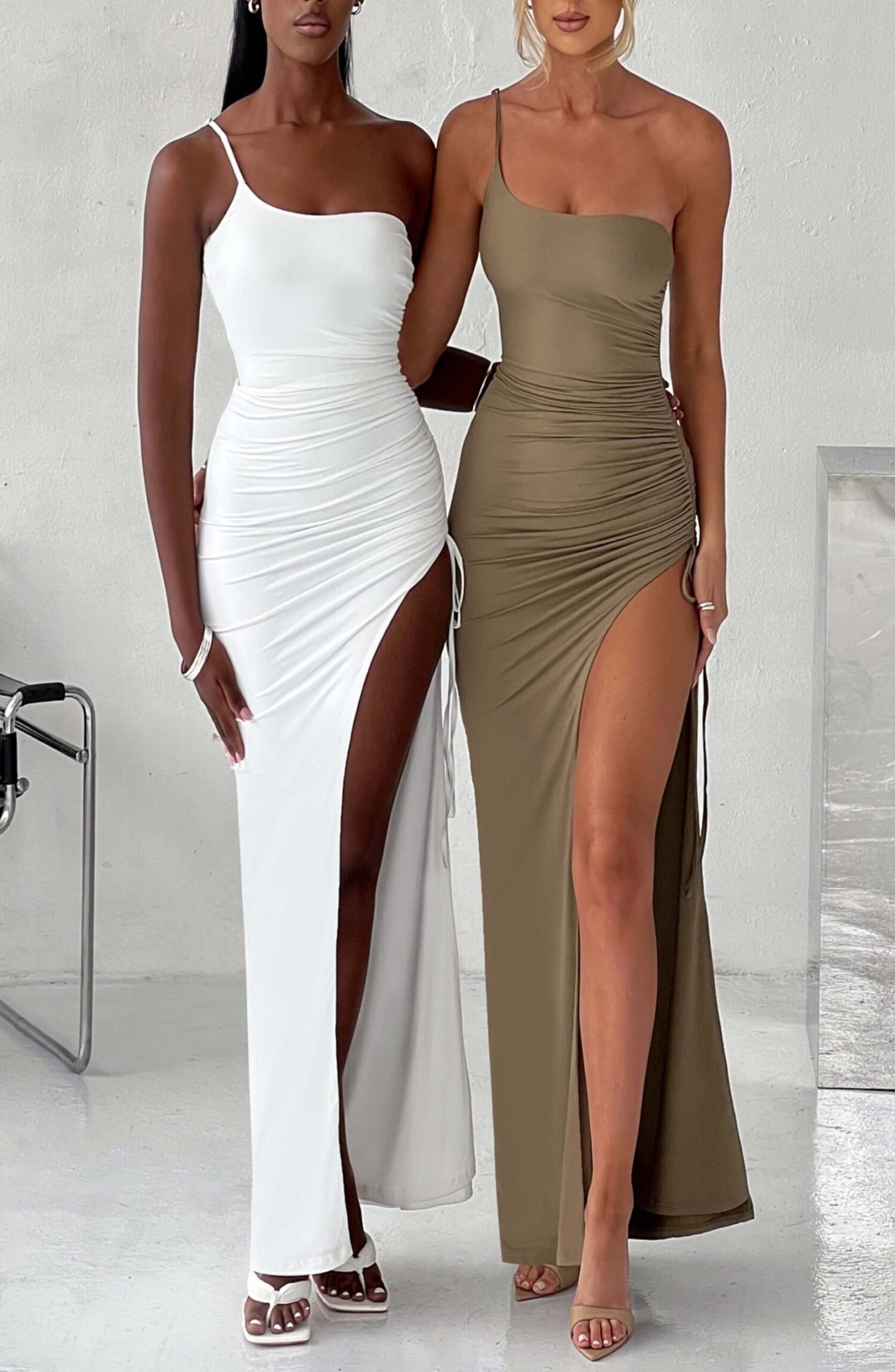 Zuri Khaki Maxi Dress - One Shoulder, Ruched, Thigh Split - Image 15