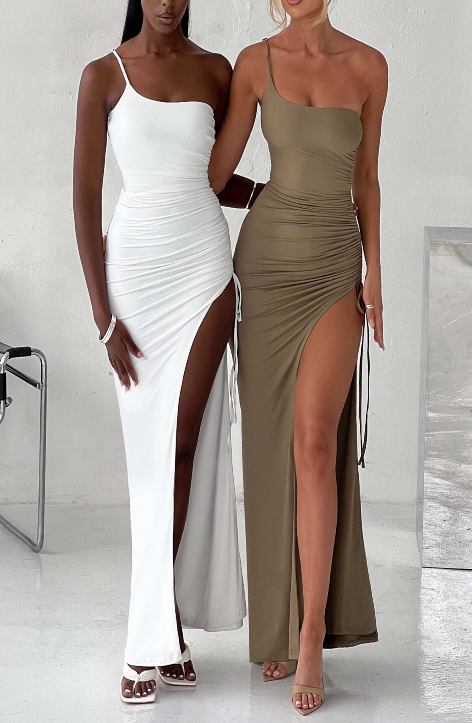 Zuri Khaki Maxi Dress - One Shoulder, Ruched, Thigh Split - Image 8