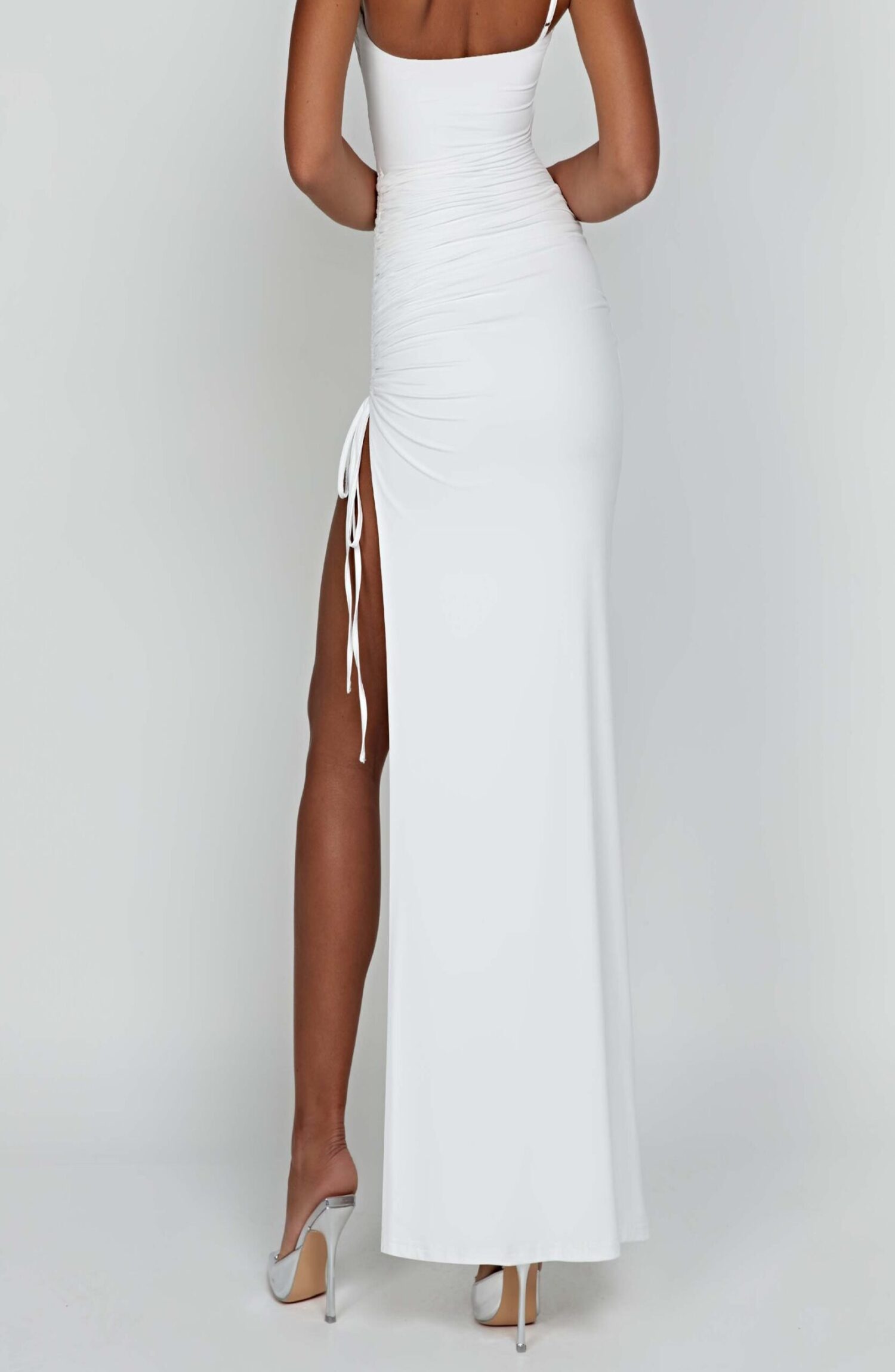 Zuri Maxi Dress White One Shoulder Ruched Slinky Thigh Split - Image 2