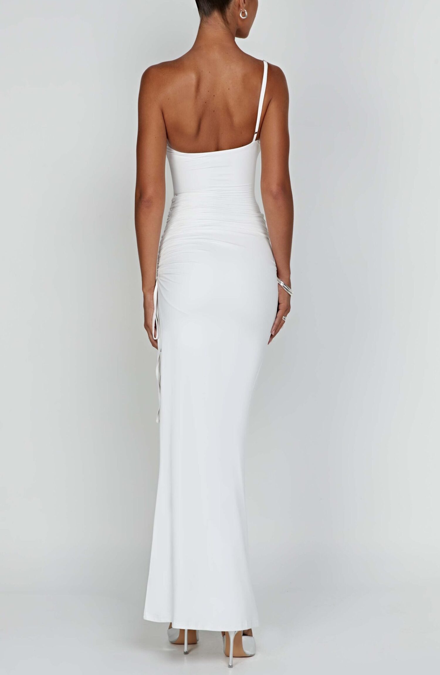 Zuri Maxi Dress White One Shoulder Ruched Slinky Thigh Split - Image 7