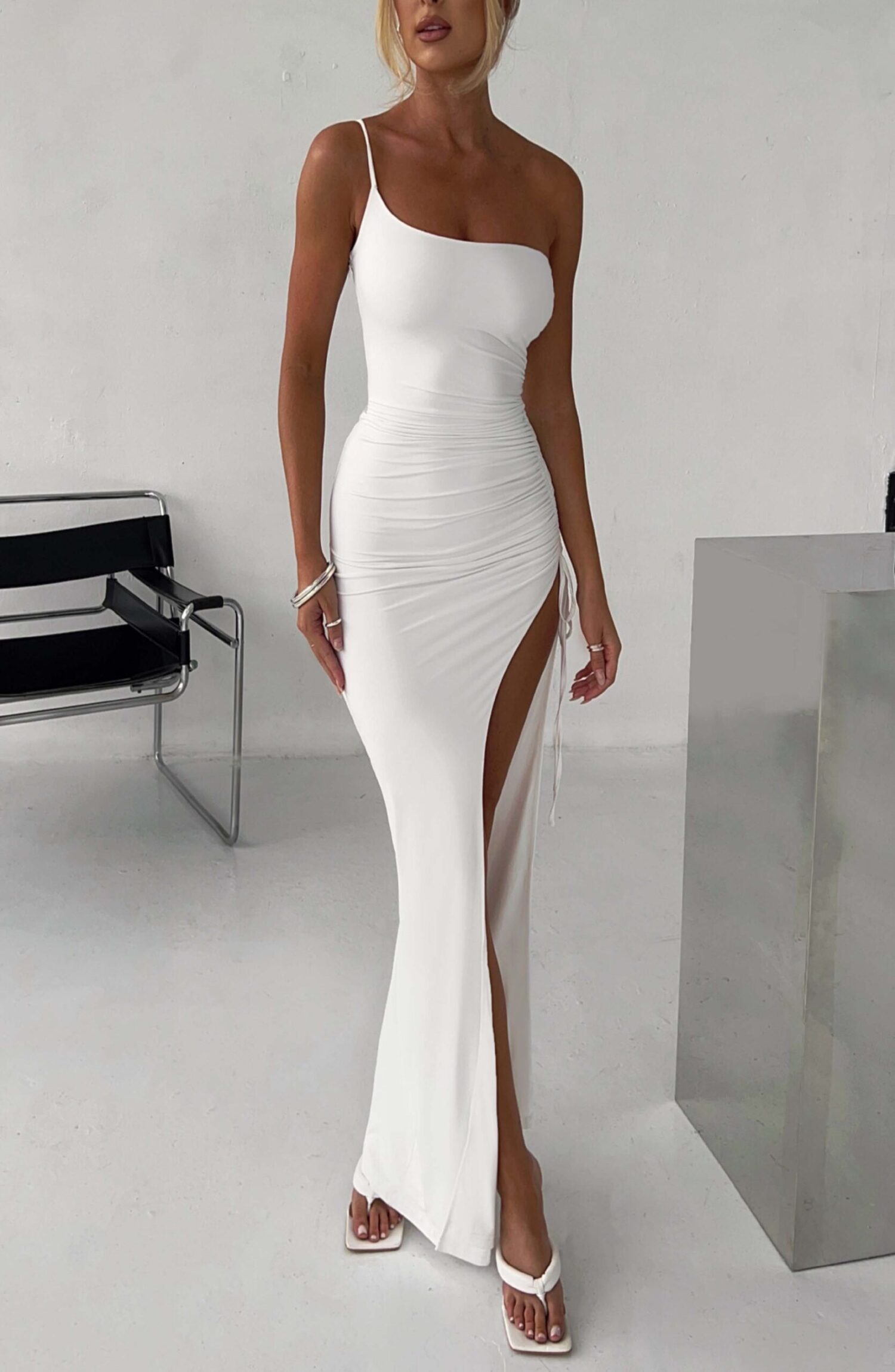 Zuri Maxi Dress White One Shoulder Ruched Slinky Thigh Split